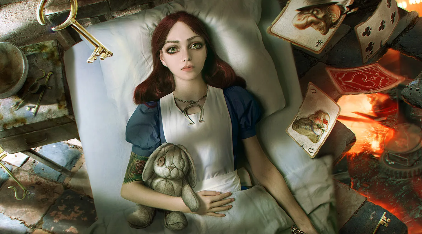 Arte promocional de Alice Madness Returns mostrando Alice Liddell com faca e vestido ensanguentado no País das Maravilhas distorcido