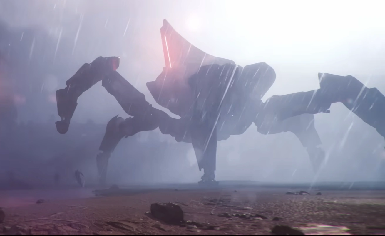 Matriarca, o chefão mecânico colossal de Arc Raiders, sob chuva em campo de batalha