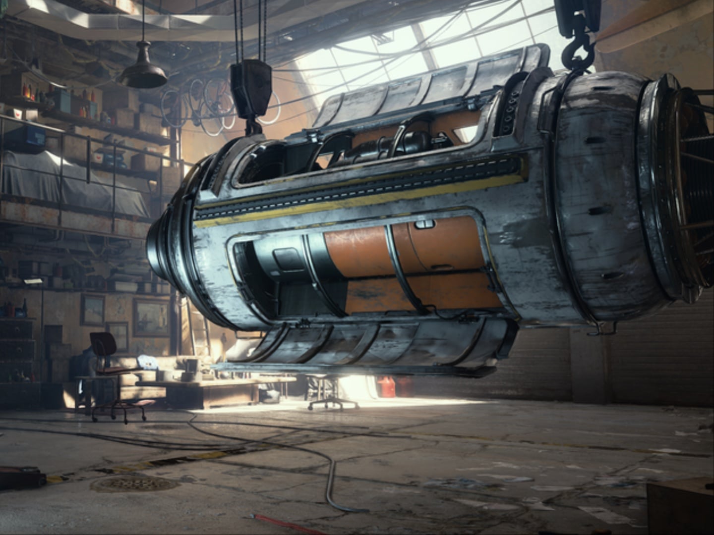 Caravana da Expedição em Arc Raiders sendo montada no hangar antes da partida