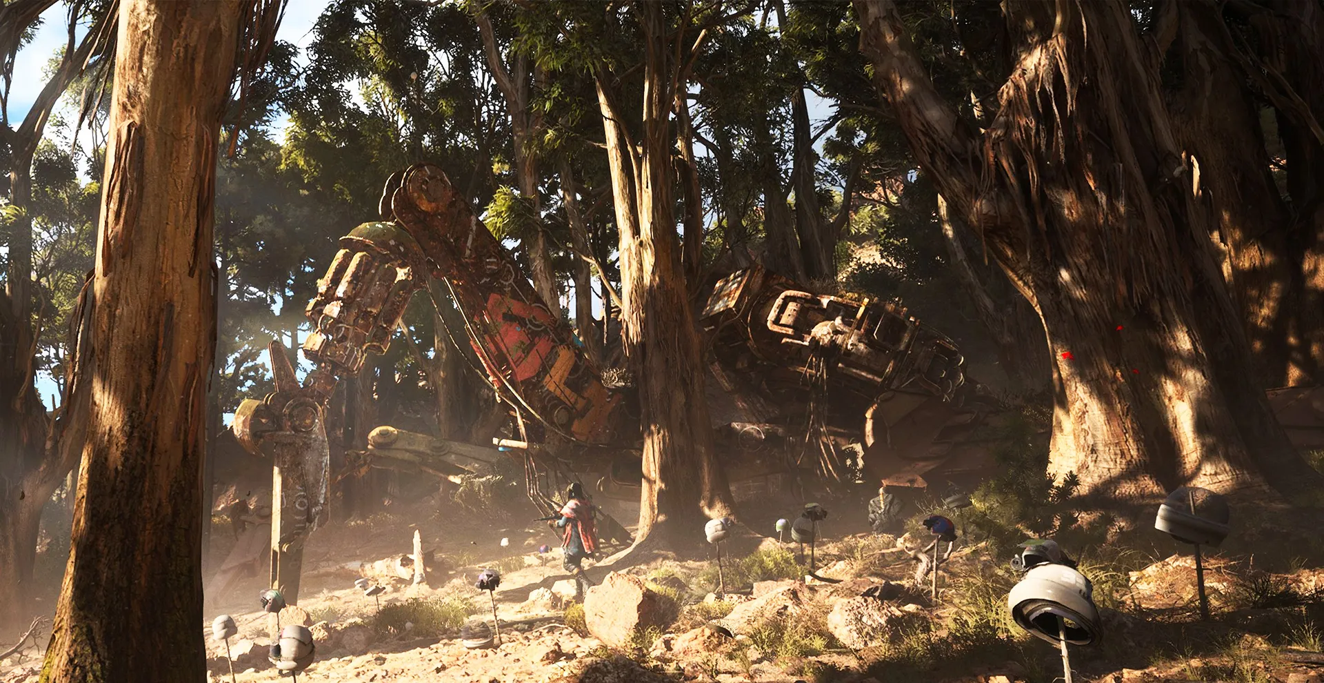 Screenshot de Arc Raiders mostrando raider enfrentando máquinas ARC gigantes em floresta