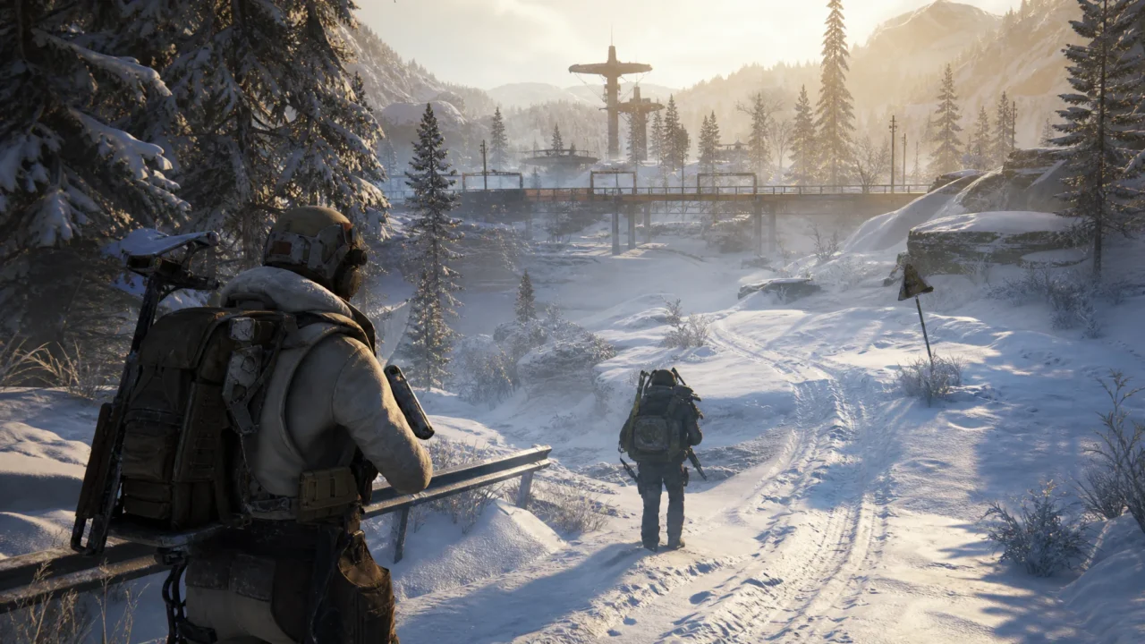 Raiders de Arc Raiders atravessando um assentamento congelado sob montanhas, cenário da expansão Frozen Trail