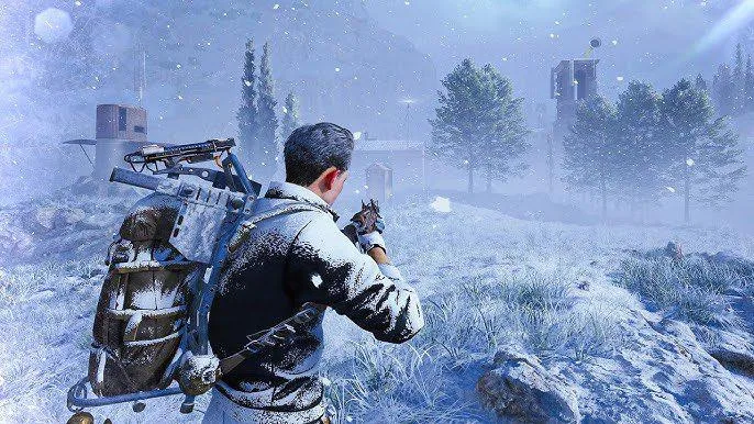 Raider equipado atravessando terreno nevado em Arc Raiders, cenário da atualização Frozen Trail