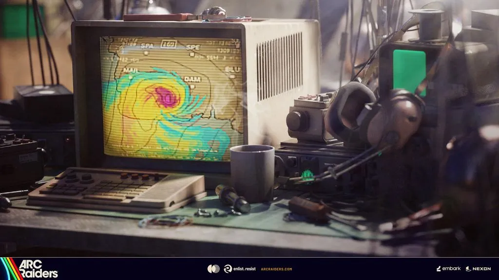 Estação de monitoramento climático de Arc Raiders com tela mostrando mapa do furacão no Rust Belt