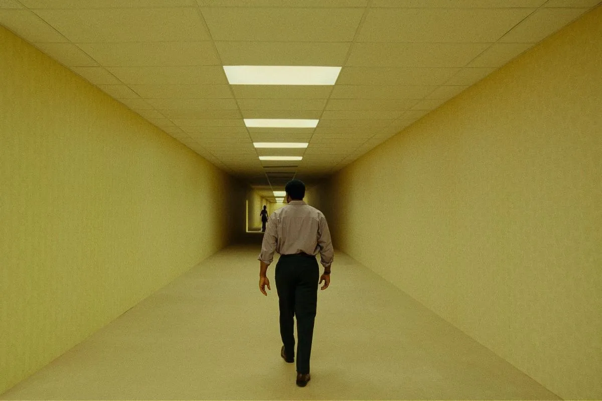 Corredor infinito de escritório vazio com papel de parede amarelo e luz fluorescente, cena do filme Backrooms da A24