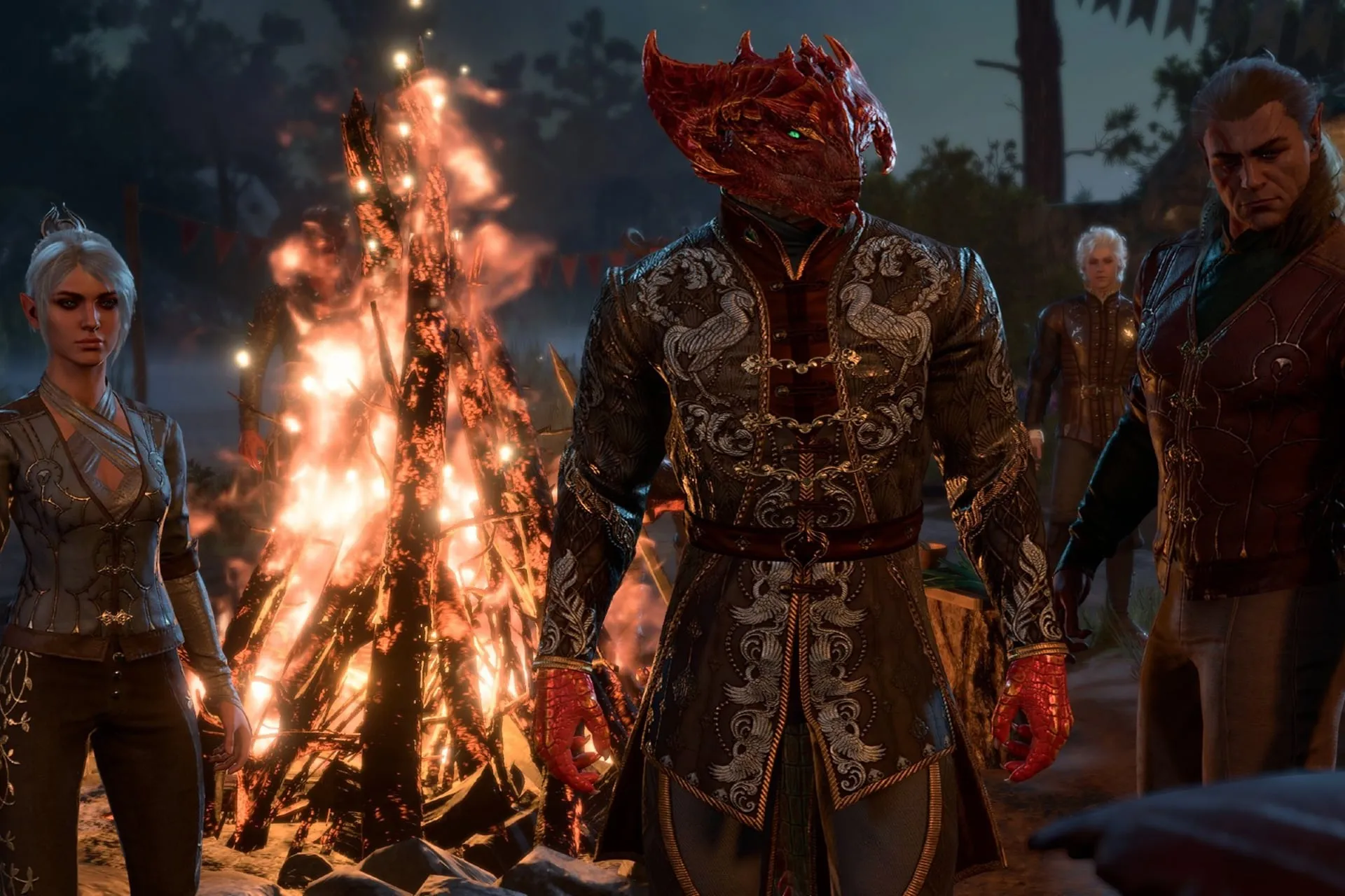 Cena de Baldur's Gate 3 com personagens ao redor de uma fogueira