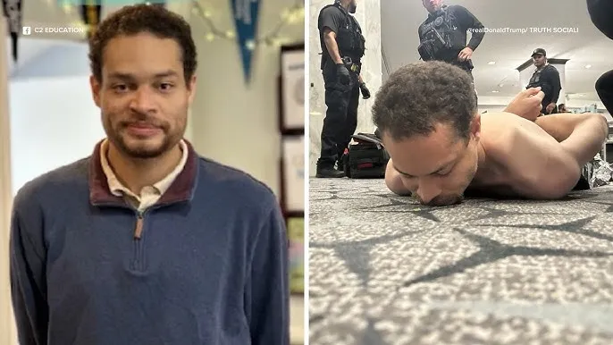 À esquerda, foto de Cole Allen como professor da C2 Education; à direita, imagem divulgada por Trump no Truth Social mostrando Allen sendo detido no chão por policiais