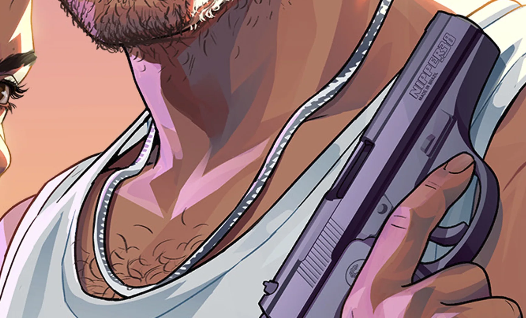 Close da pistola Nipper .38 na capa de GTA 6, com a inscrição "Made in Brazil" visível abaixo do nome do modelo