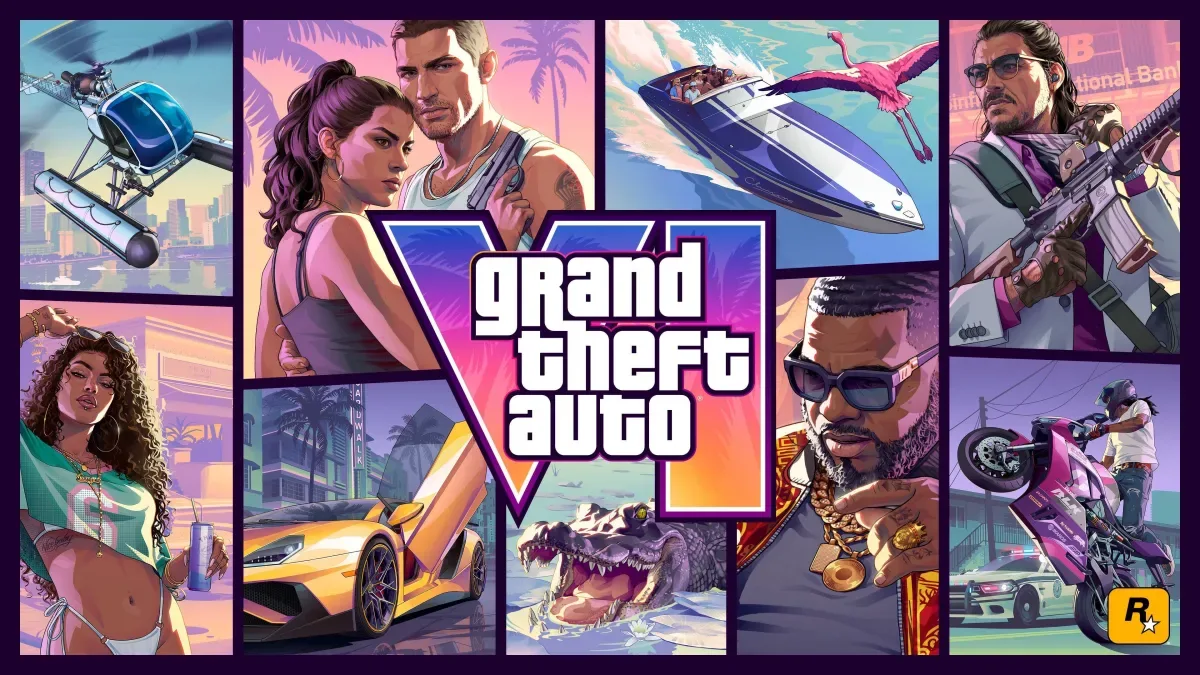 Arte de capa oficial de GTA 6 com Lucia Caminos e Jason Duval abraçados, cercados por carros, lancha e helicóptero no pôr do sol de Vice City