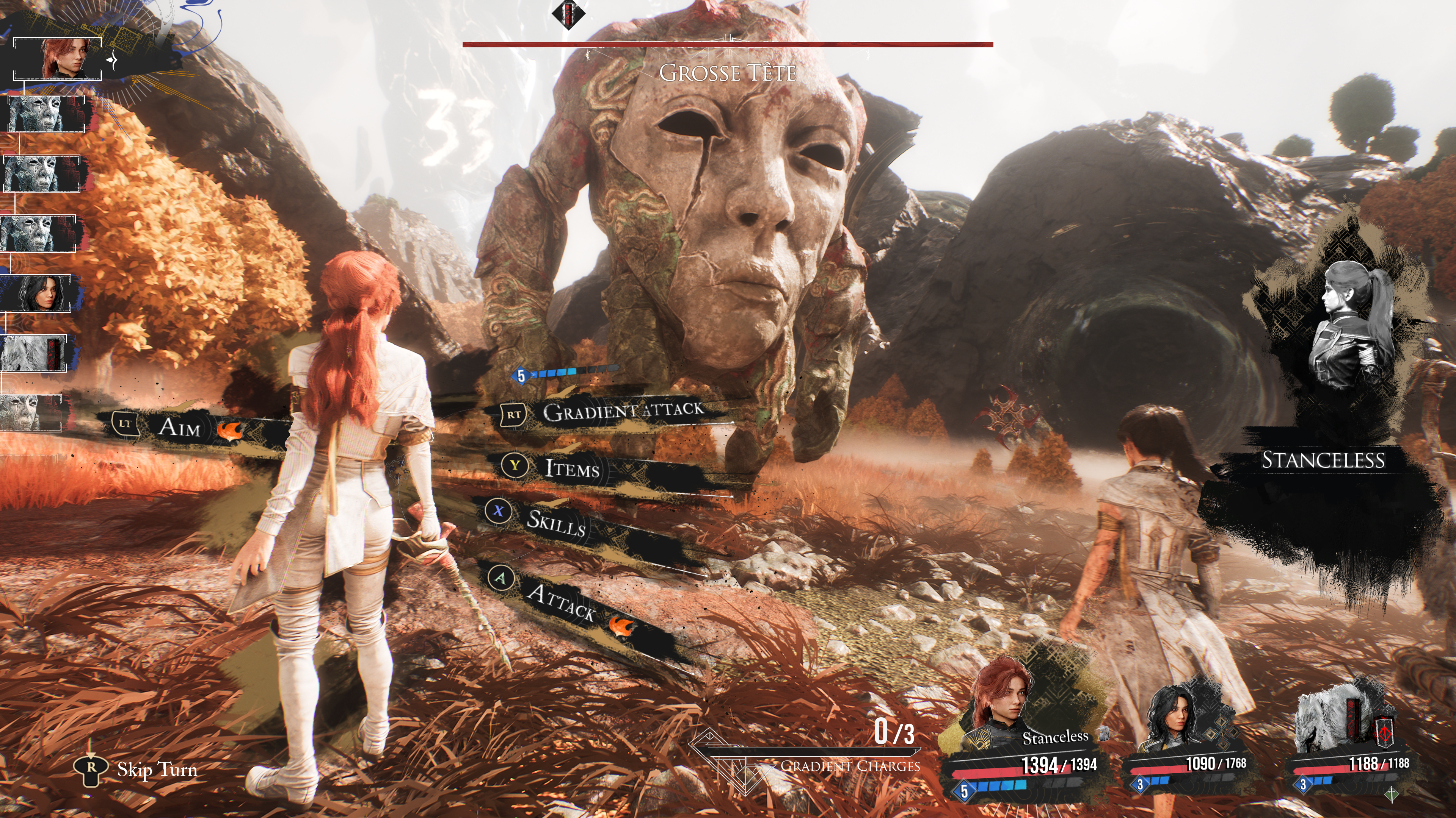 Captura de gameplay de Clair Obscur: Expedition 33 mostrando combate por turnos com Maelle e escultura gigante ao fundo