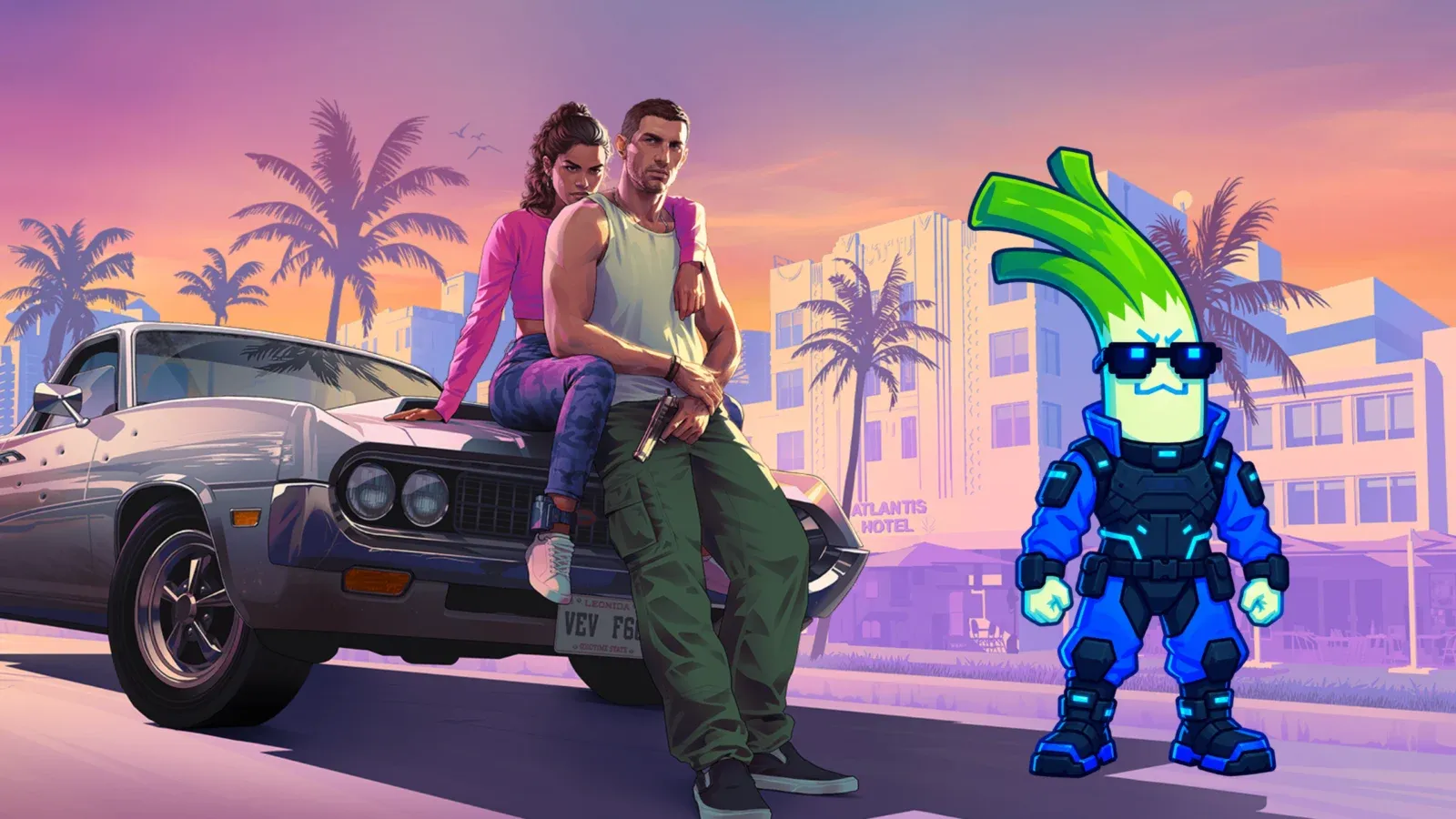 Montagem com a arte oficial de GTA 6, em que Jason e Lucia posam sobre um carro no pôr do sol de Vice City, ao lado do mascote do Cyberleek, um alho-poró de óculos escuros e traje tático azul