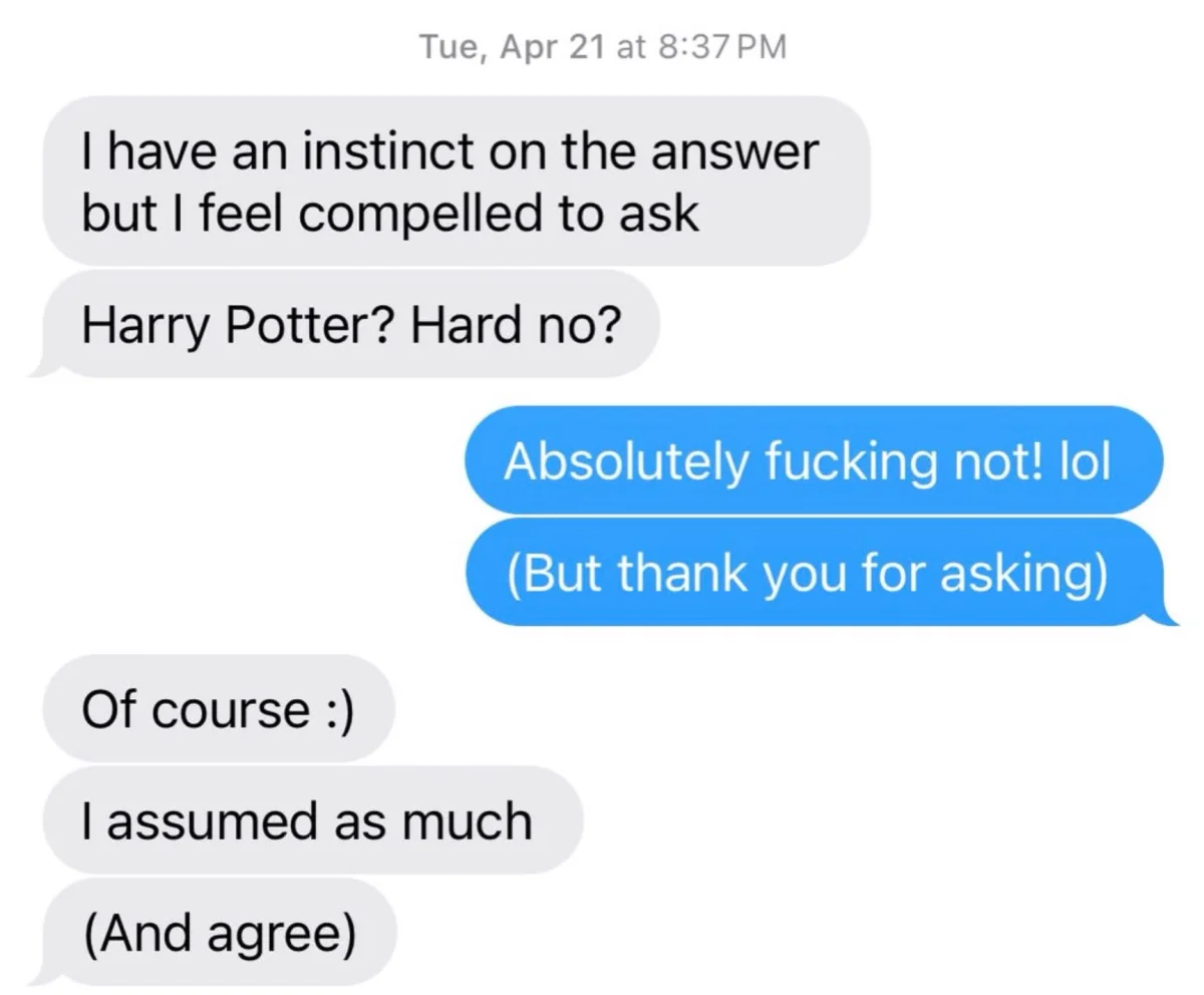 Print da conversa por mensagem entre Ally Pankiw e a agente dela, em 21 de abril, recusando o convite para dirigir a série Harry Potter da HBO