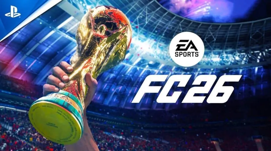 Mão erguendo a taça da Copa do Mundo em um estádio lotado, ao lado do logo do EA Sports FC 26