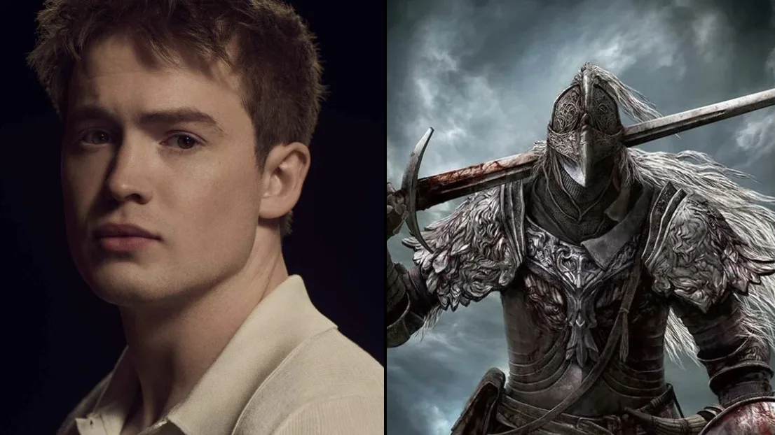Kit Connor lado a lado com o Tarnished de Elden Ring, montagem de divulgação do elenco do filme da A24