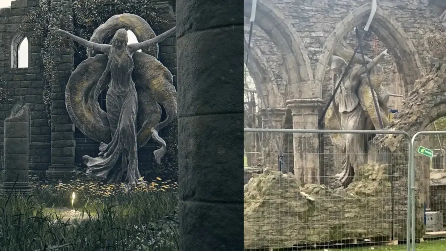 Set do filme de Elden Ring no interior da Inglaterra com estátua de Marika