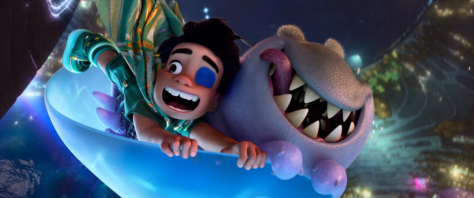 Elio e os alienígenas coloridos no espaço no filme da Pixar