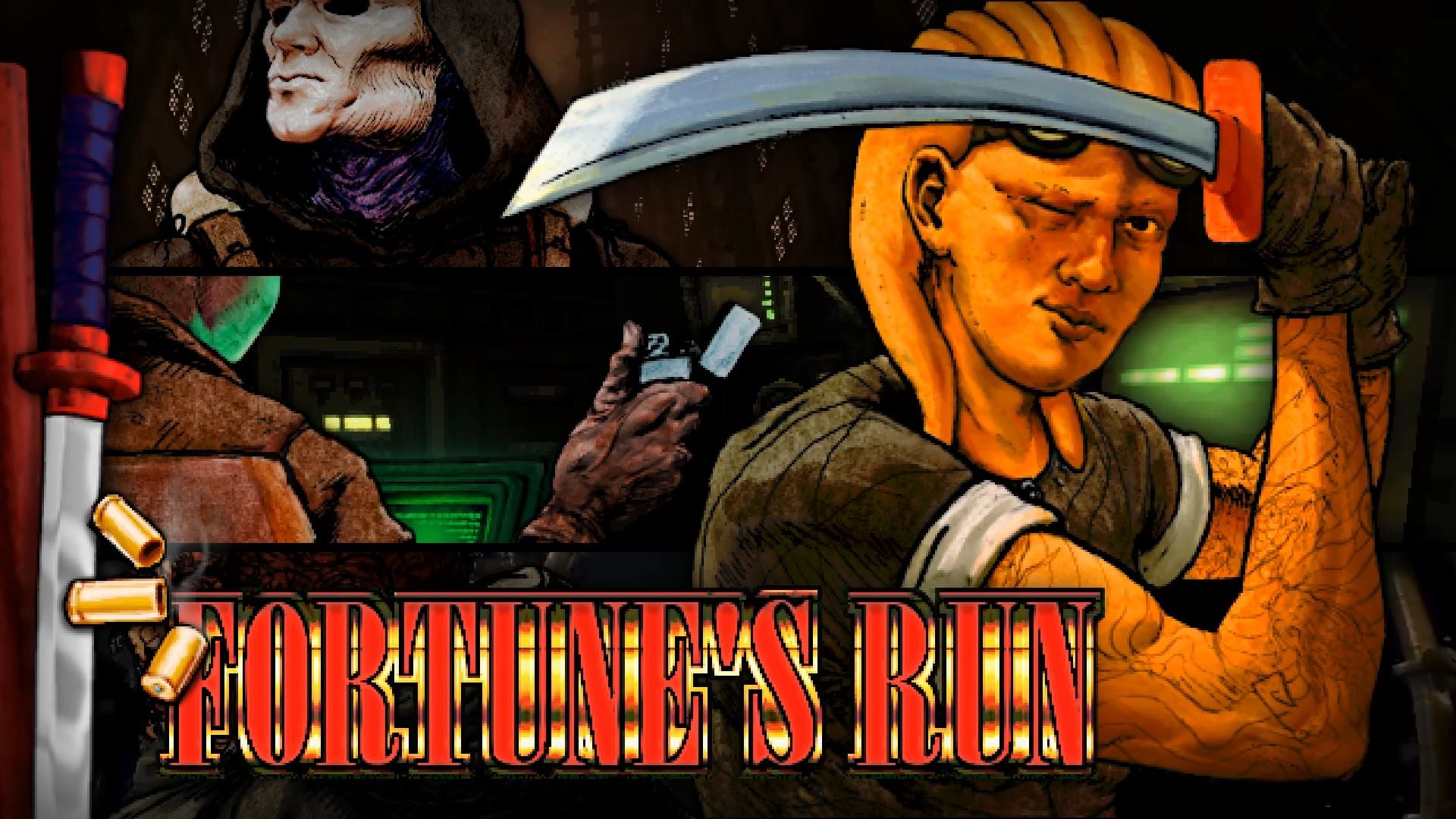 Arte promocional de Fortune's Run com personagem empunhando espada em cenário sci-fi industrial