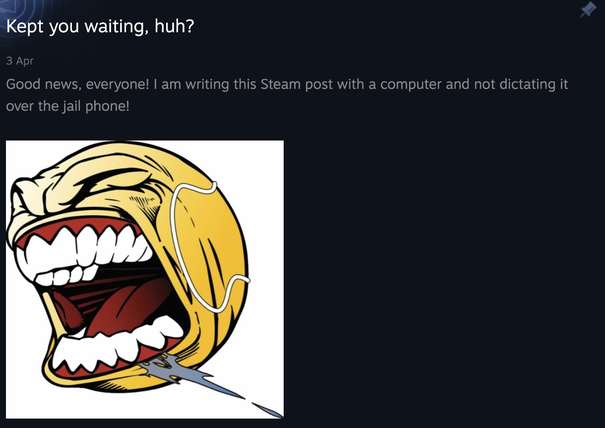 Post de Dizzie na Steam anunciando o retorno ao desenvolvimento de Fortune's Run