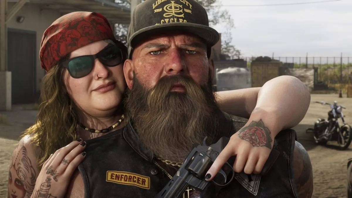Dois personagens motociclistas em arte oficial de Grand Theft Auto VI, da Rockstar Games