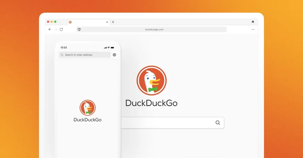 Logotipo do DuckDuckGo com gráfico de crescimento ao lado de uma tela mostrando o Google AI Overview