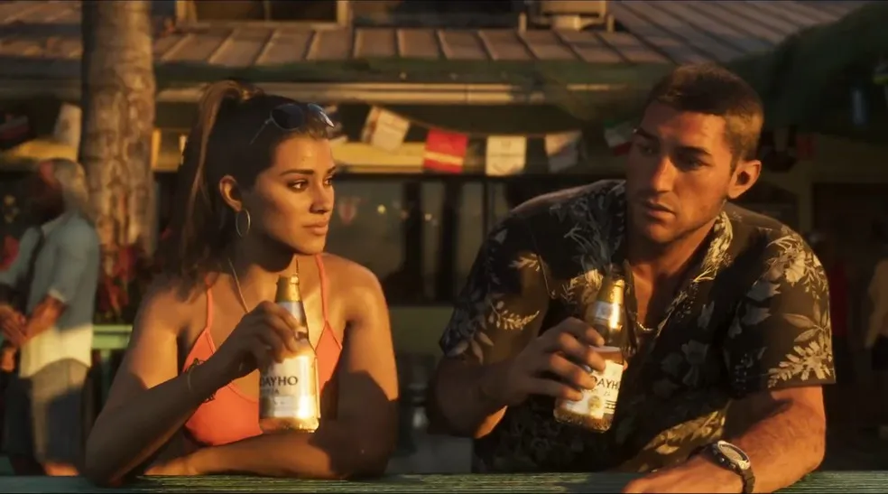 Arte oficial do GTA 6 mostrando Jason e Lucia em Leonida, com o logo do jogo