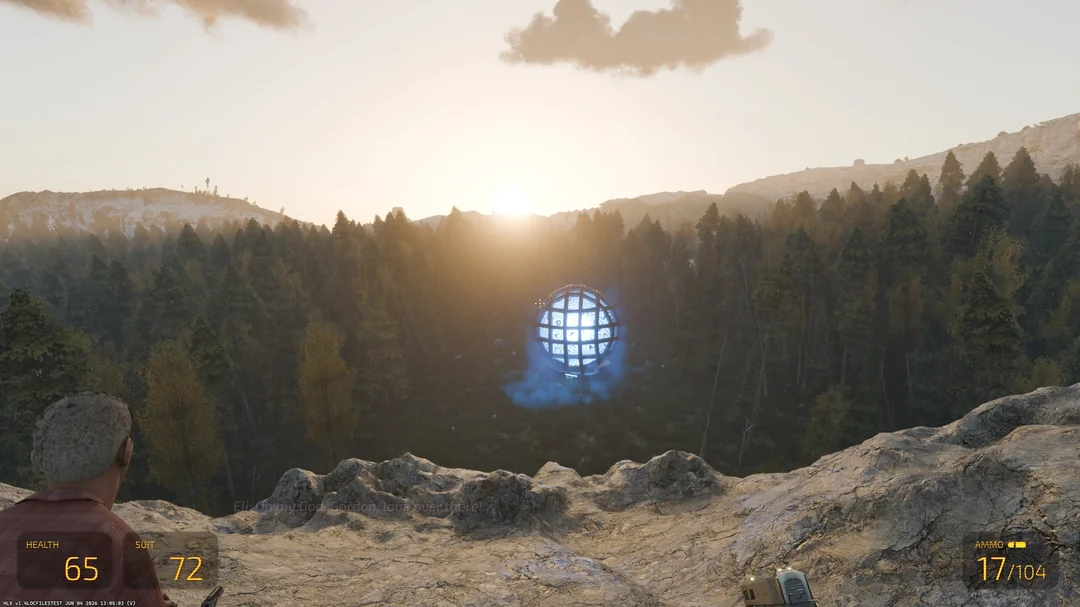 Primeira imagem vazada de Half-Life 3: a floresta ao pôr do sol, a esfera azul em grade e o Eli Vance no canto inferior, com o HUD clássico no rodapé