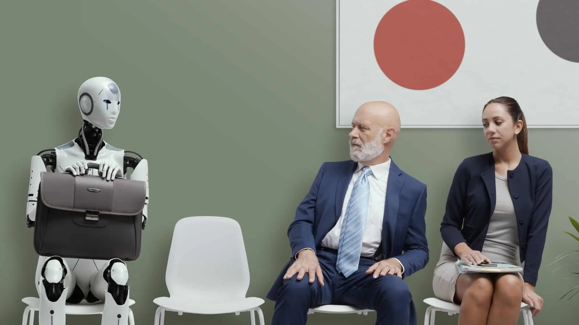 Robô humanoide de maleta em uma sala de espera de entrevista de emprego, ao lado de dois candidatos humanos