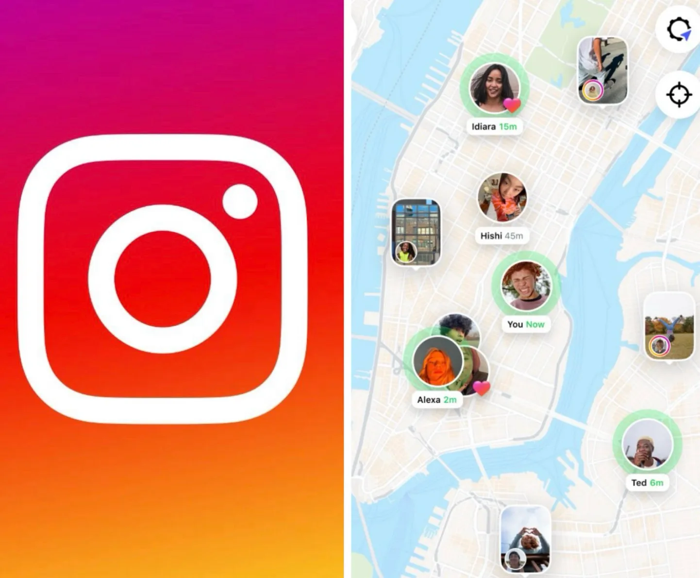 Tela do Instagram exibindo o mapa com bolinhas de localização de usuários sobre o mapa de uma cidade