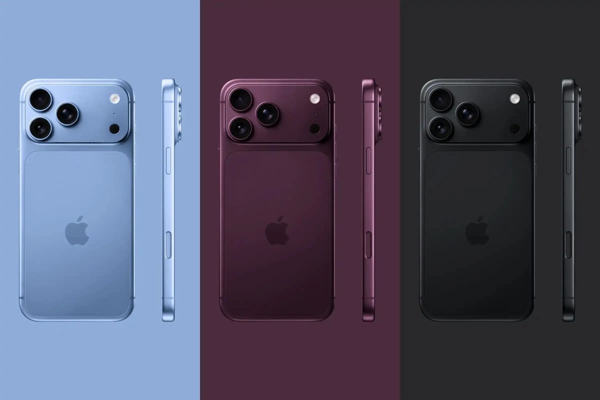 Mockup do iPhone 18 Pro em três cores, azul, vinho e preto, visto de costas e de perfil
