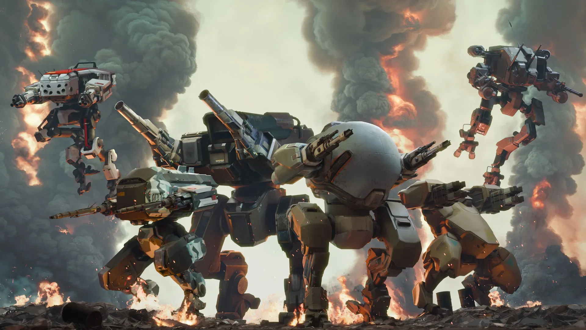Mech do jogo de realidade virtual Iron Rebellion em combate, com destroços caindo no cenário