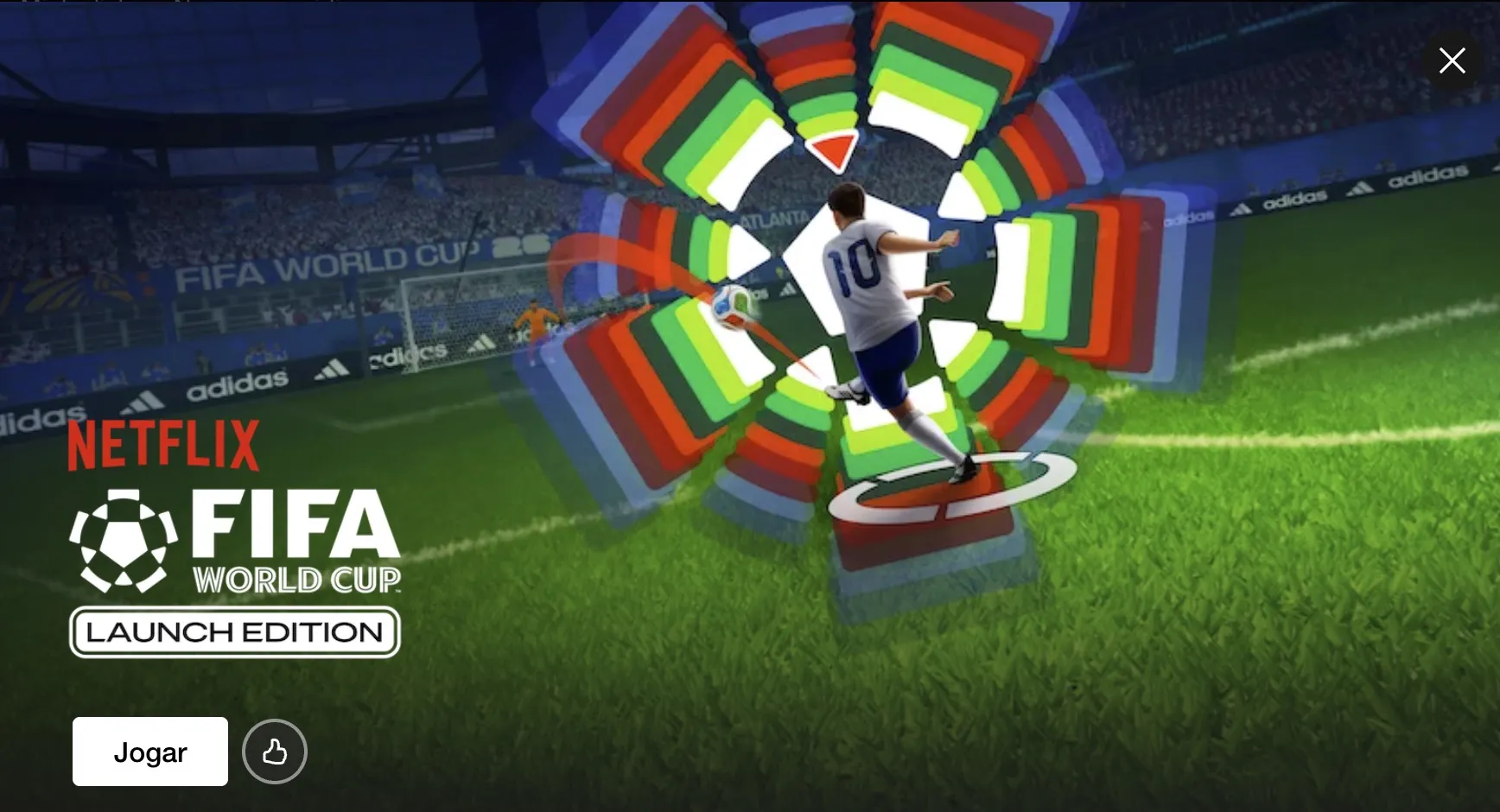 Tela de abertura do FIFA World Cup: Launch Edition na Netflix brasileira, com o botão Jogar e um jogador chutando a bola sobre o logo da Copa de 2026