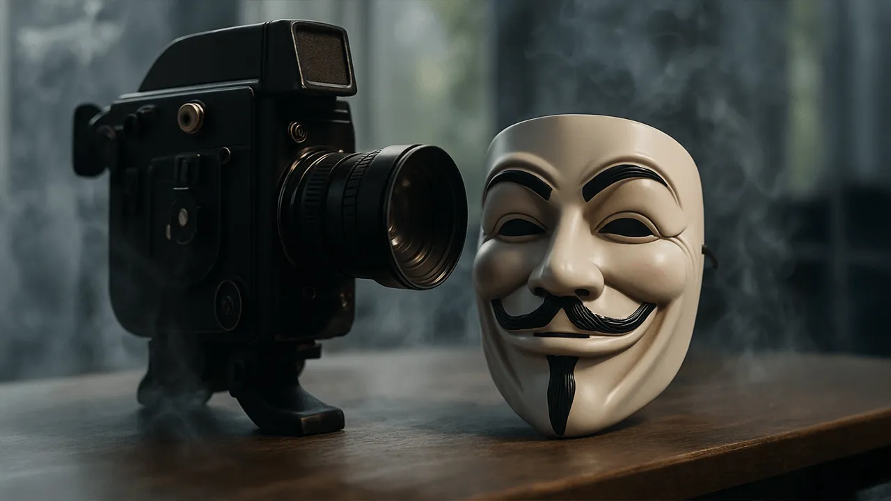 Câmera de cinema vintage ao lado de uma máscara anônima em cenário sombrio e esfumaçado, representando o mistério de Satoshi Nakamoto