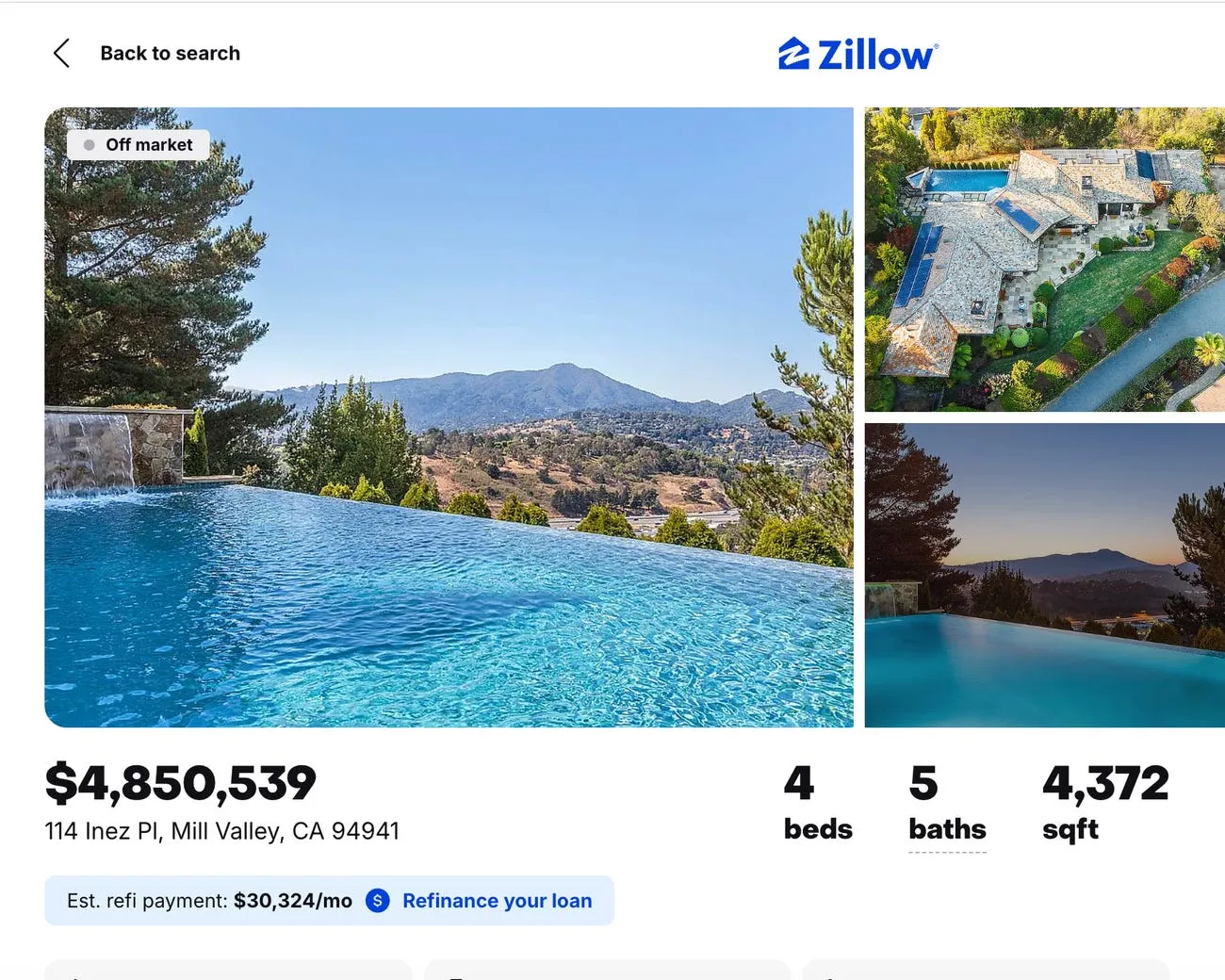 Screenshot do Zillow mostrando a listagem de 114 Inez Pl, Mill Valley, com piscina infinita e vista para as montanhas; avaliada em US$ 4,85 milhões