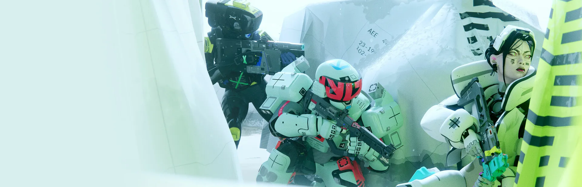 Runners de Marathon em combate com armaduras sci-fi e armas futuristas