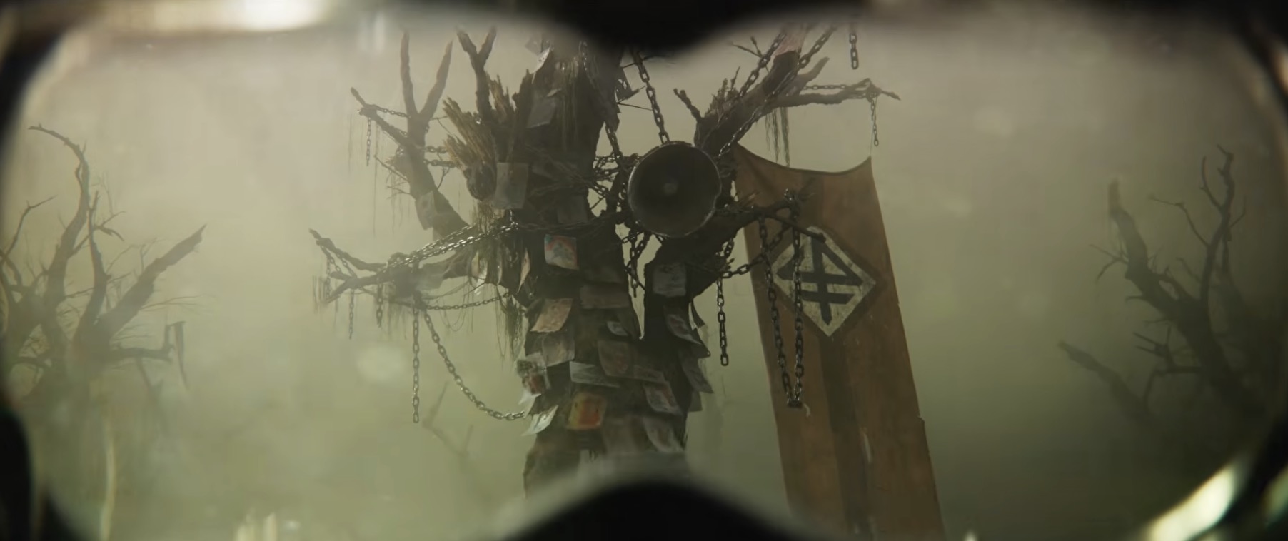 Estandarte do Novoreich com símbolo inspirado em iconografia nazista no trailer de Metro 2039