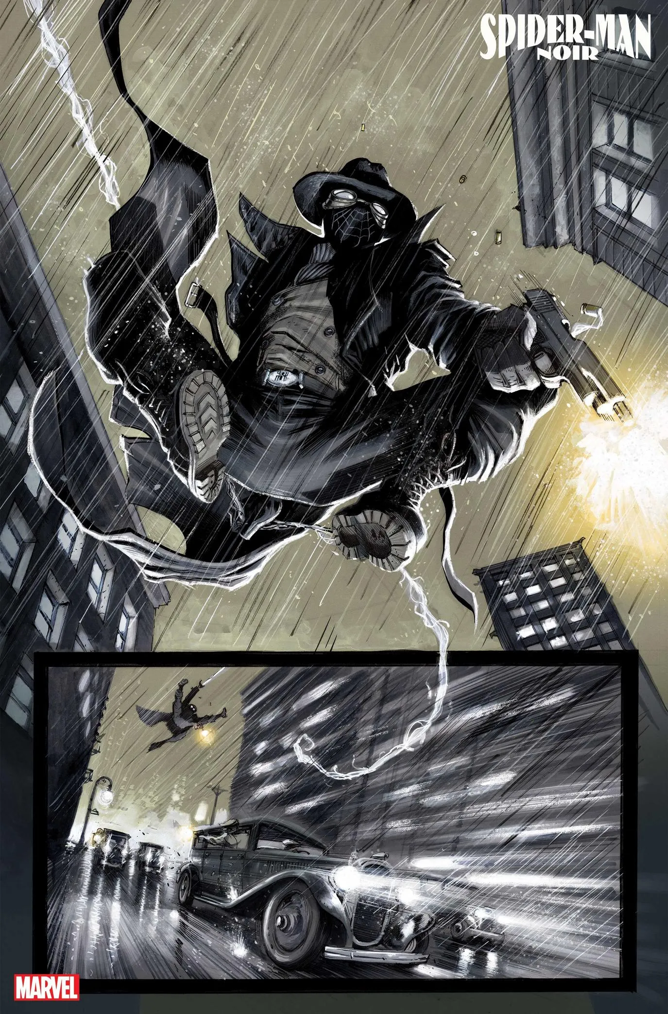 Arte em preto e branco da HQ Spider-Man Noir, mostrando o personagem encapuzado em estilo noir dos anos 1930