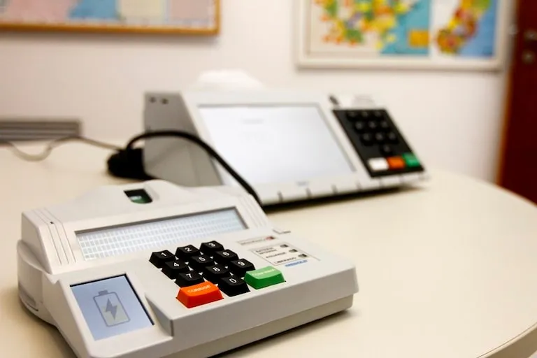 Terminal do mesário com teclado numérico e leitor biométrico em primeiro plano e urna eletrônica ao fundo, sobre uma mesa branca