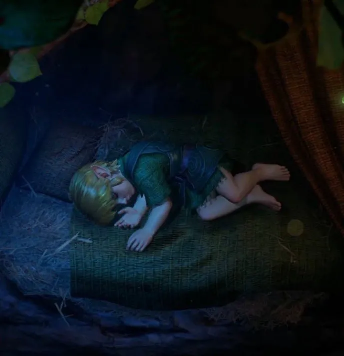 Link criança dormindo deitado num colchão de palha na floresta Kokiri, no teaser do remake de Ocarina of Time para Nintendo Switch 2