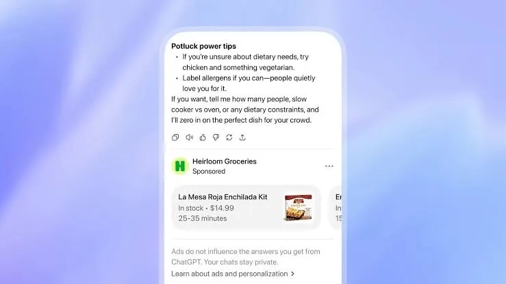 Tela do ChatGPT com um anúncio patrocinado da loja Heirloom Groceries logo abaixo da resposta do modelo, exibindo card de produto, preço e prazo de entrega