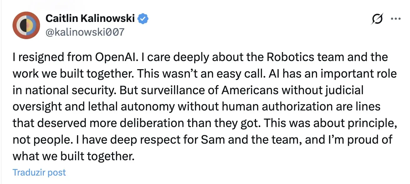 Post de Caitlin Kalinowski no X anunciando sua demissão da OpenAI por causa do acordo com o Pentágono