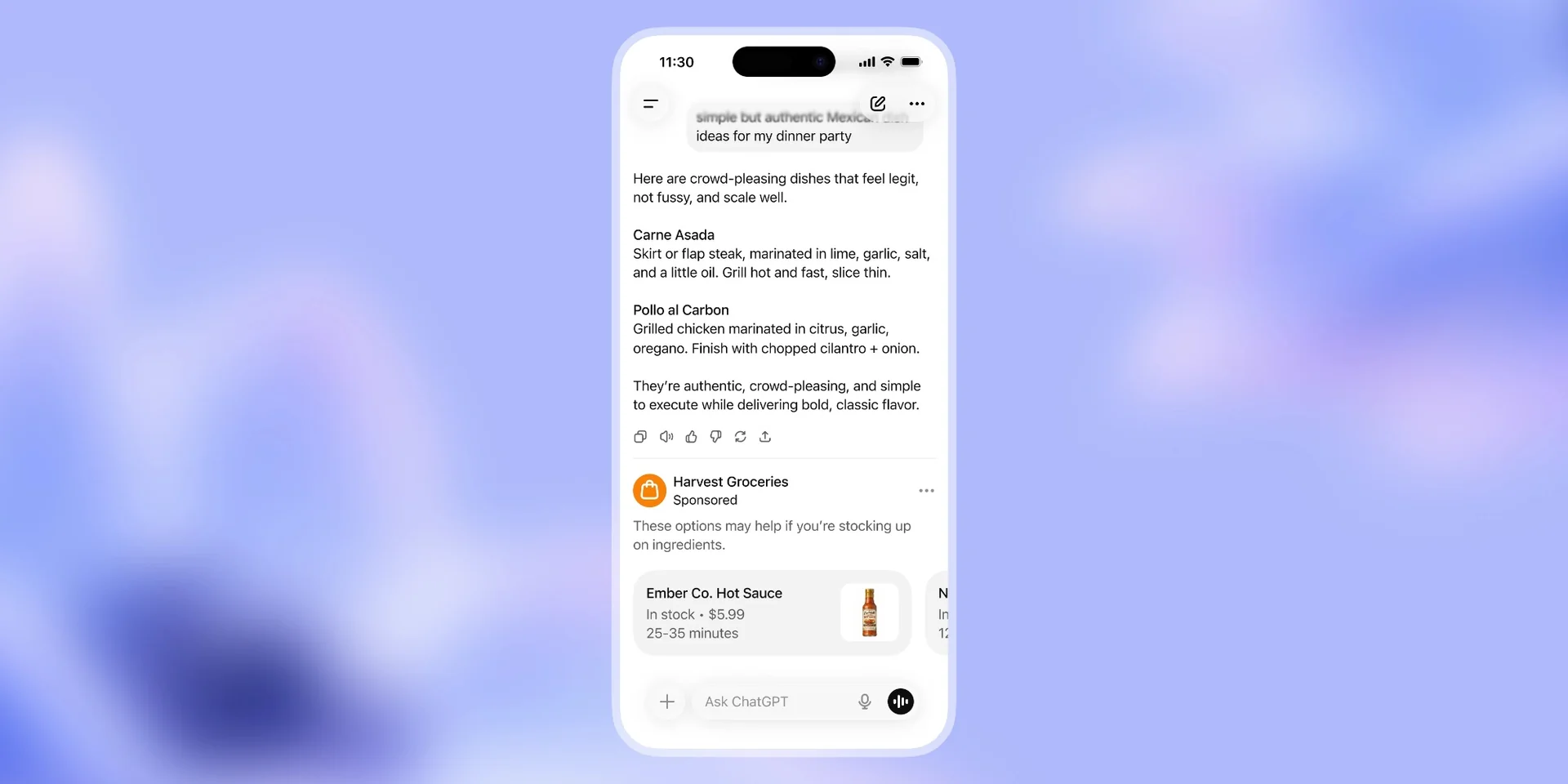 Mockup da interface do ChatGPT com área de anúncio patrocinado abaixo da resposta