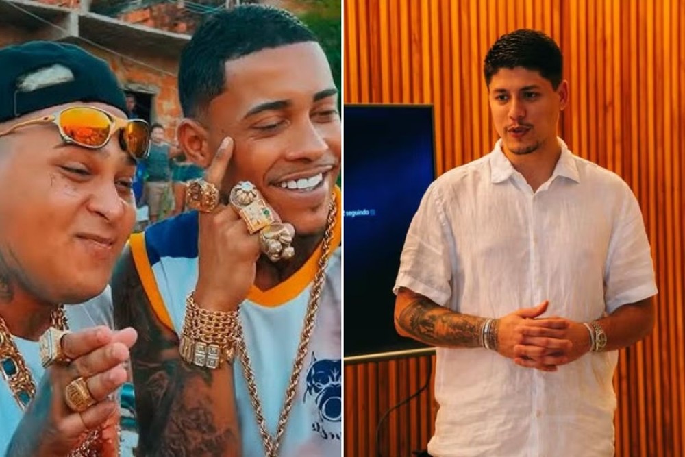MC Ryan SP e MC Poze do Rodo à esquerda, e Rodrigo de Paula Morgado à direita, alvos da Operação Narcofluxo