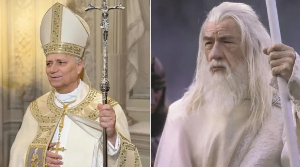 Montagem com o Papa Leão XIV ao lado da ilustração de Gandalf de O Senhor dos Anéis