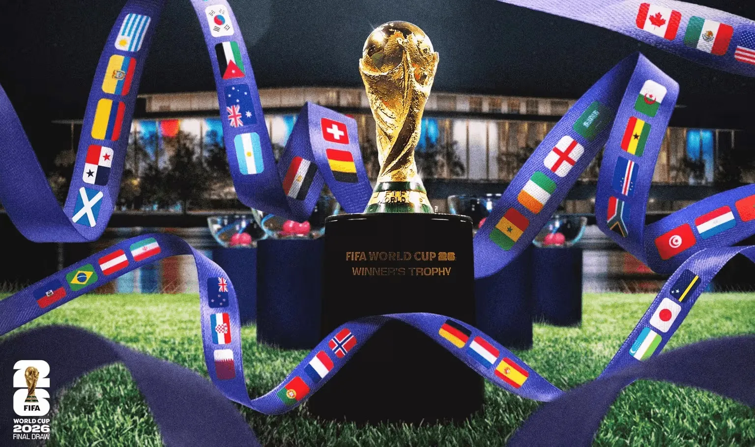 Taça da Copa do Mundo cercada por uma fita com as bandeiras das seleções classificadas, na arte oficial do sorteio da Copa de 2026