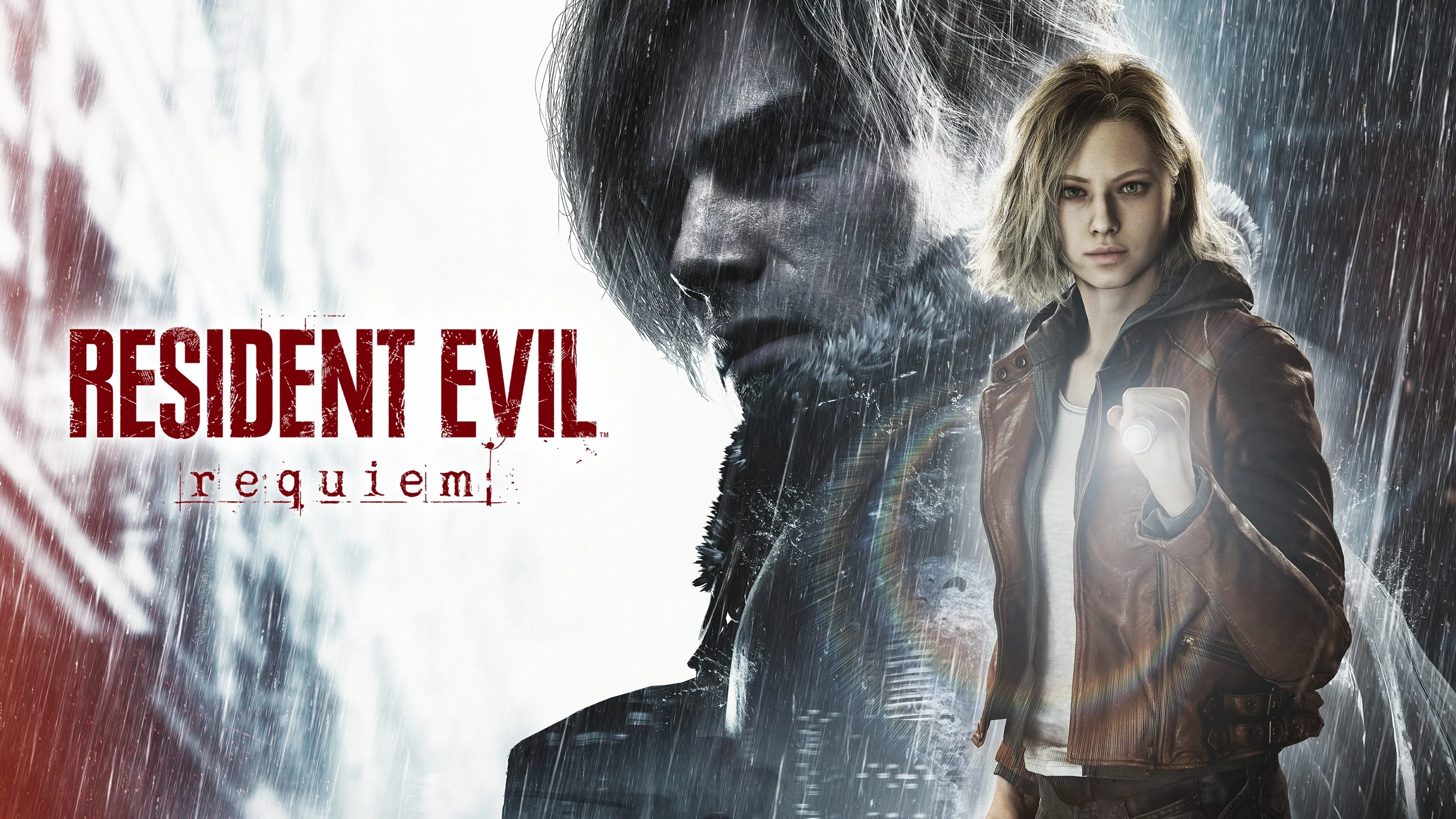 Arte oficial de Resident Evil Requiem mostrando Leon S. Kennedy e Grace Ashcroft sob chuva