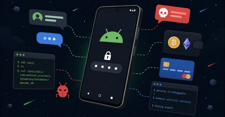 Ilustração de um celular Android com cadeado na tela, cercado por ícones de carteira de criptomoeda, cartão de crédito, mensagens de SMS, um inseto vermelho representando o malware e janelas de terminal com comandos