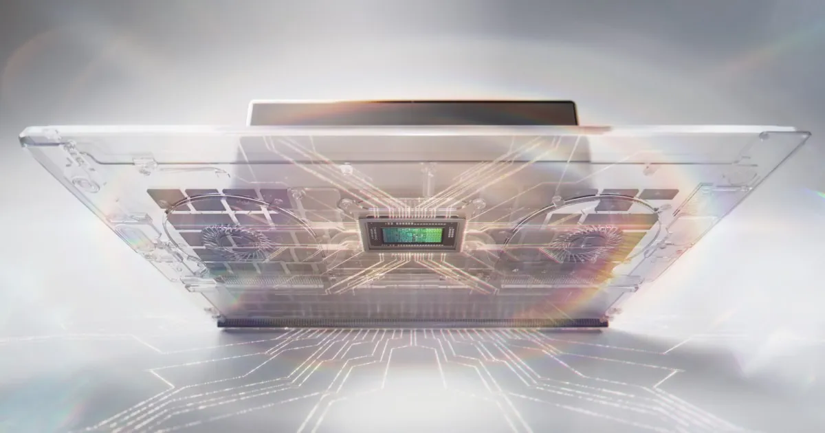 Render oficial da Nvidia mostrando um laptop translúcido visto por baixo, com o superchip RTX Spark no centro e trilhas de circuito ao redor