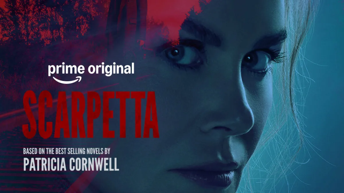 Pôster oficial de Scarpetta no Prime Video com o rosto de Nicole Kidman em tons azulados e vermelhos