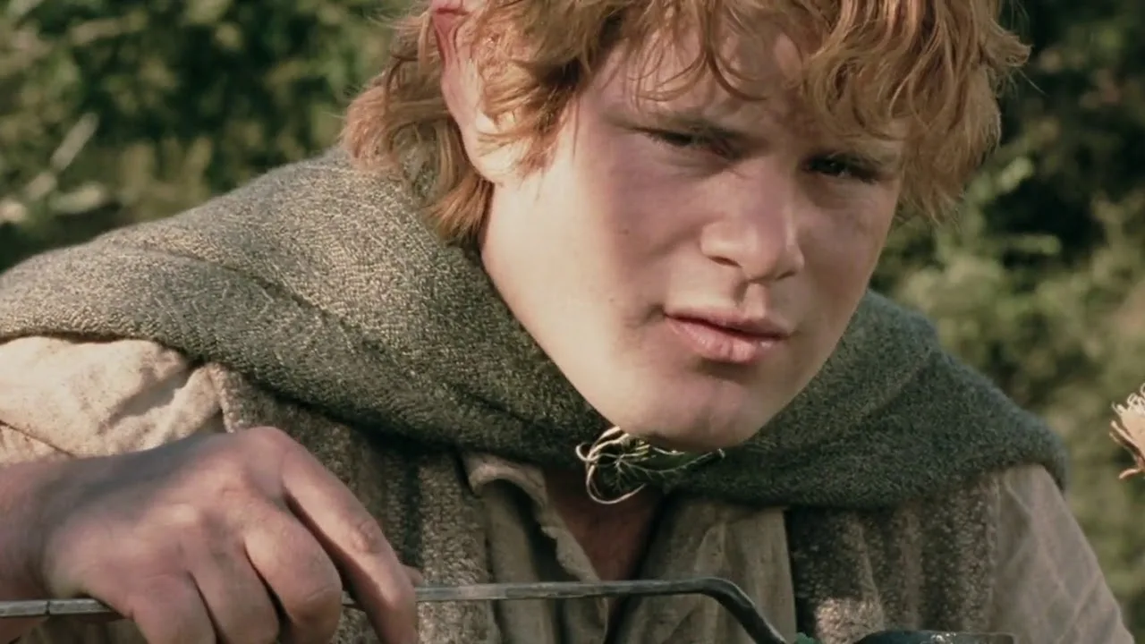 Sean Astin como Samwise Gamgee, de capa e colete, ajoelhado ao lado de uma panela em cena de O Senhor dos Anéis: As Duas Torres
