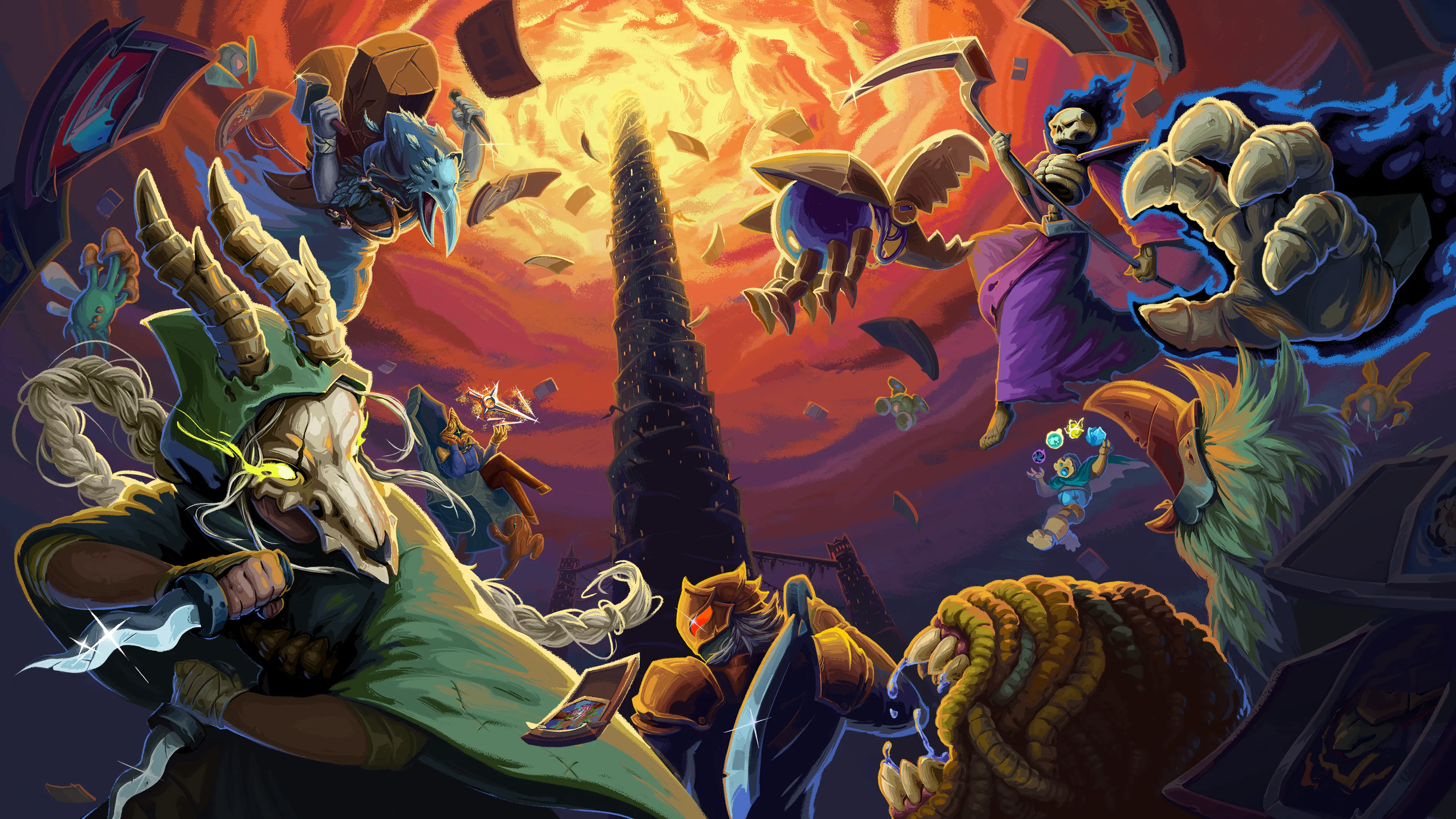 Arte oficial de Slay the Spire 2 com os personagens principais contra fundo colorido