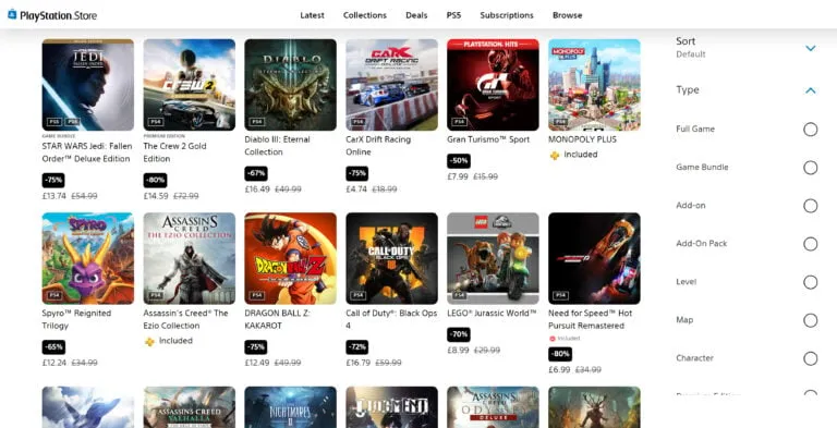 Interface da PlayStation Store com jogos em destaque